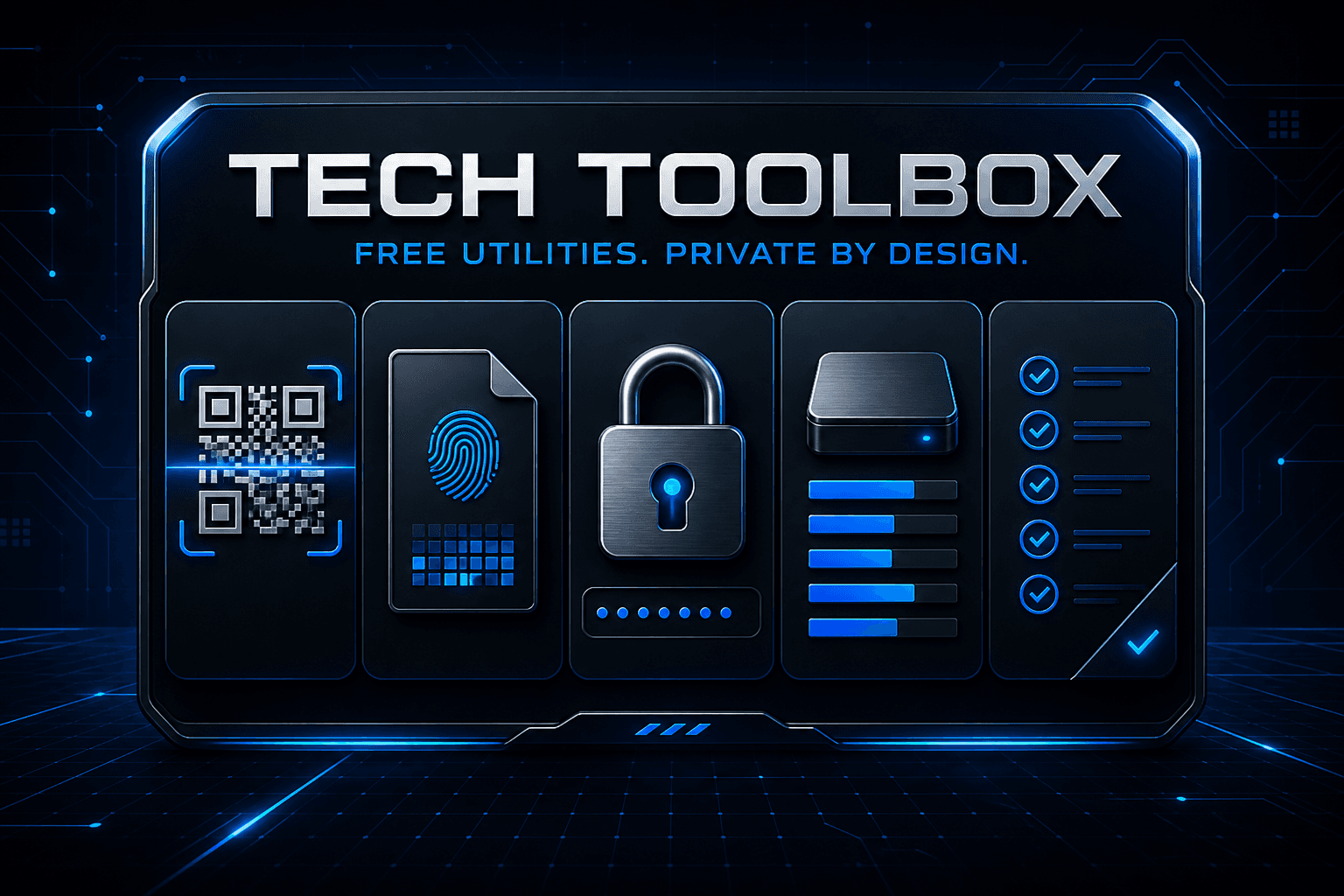Tech Toolbox utilities for QR codes, hashes, passphrases, storage, and setup checklists